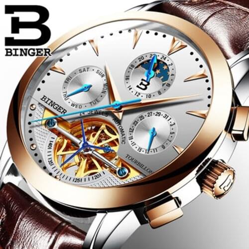 Genuine Luxury Switzerland BINGER Brand Men Self-wind waterproof full steel automatic mechanical male fashion Tourbillon watch