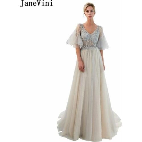 JaneVini Light Gray Long Ladies Bridesmaid Dresses Bling Beaded V Neck Sexy High Split Prom Gowns Tulle Bridesmaids Formal Dress