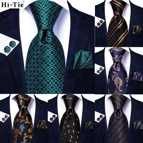 Hi-Tie Teal Blue Dot Striped Paisley Silk Wedding Nicktie For Men Hanky Cufflinks Gift Mens Tie Set Business Party Dropshipping
