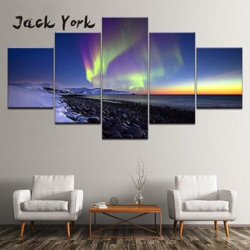 Canvas Painting snow mountain sea and Aurora 5 Pieces Wall Art Painting Modular Wallpapers Poster Print living room Home Decor