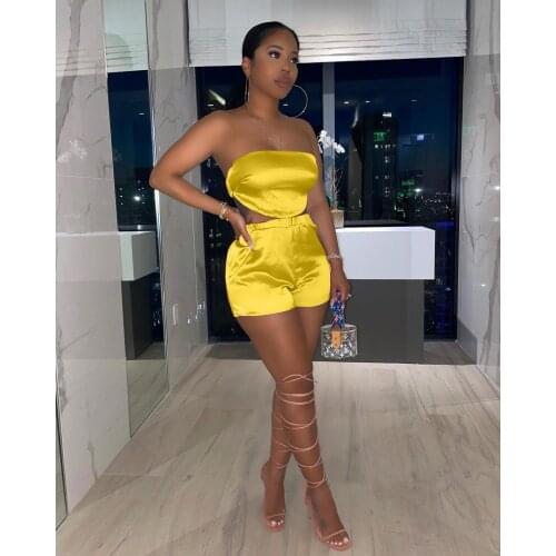 Summer Satin bellyband Casual Short Suit Two Piece Set Women Sexy Off the Shoulder Tube Crop Top Shorts Slim Outfit Matching Set