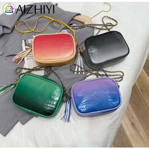 Fashion Portable Mini Square PU Leather Gradient Tassel Crossbody Chain Handbag for Women Shoulder Female Messenger Bags