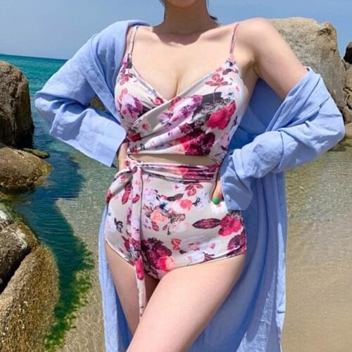 Korean Style Fashion Trendy Swimsuit Summer Sexy Floral Print Split Swimsuit Bikini 2021 Femmal Bandage High Waist Two-piece
