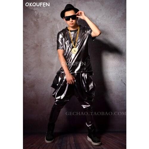 Mens Fashion Silver T-shirt Costumes Hip hop stage dance set nightclub bar singer DJ DS hairdresser performance costumes