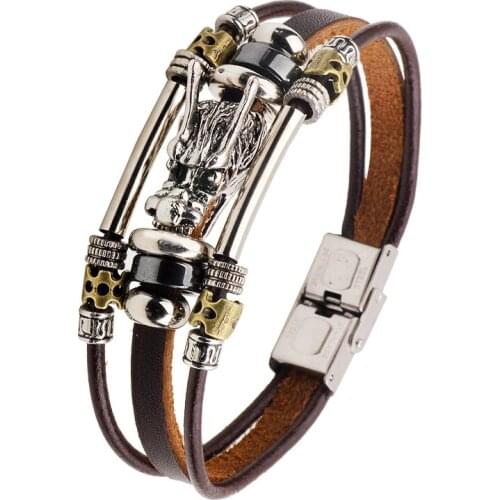 Punk Men Leather Chinese Dragon Head Bracelet Fashion Male Vintage Multilayer Animal-Zodiac Bracelets Jewelry