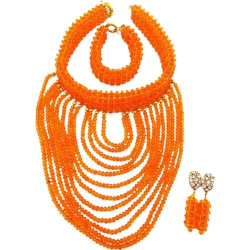 Orange Nigerian Wedding Beads Sets Crystal Beaded African Necklace Earrings Bridal Party Jewelry Sets for Women DDK008