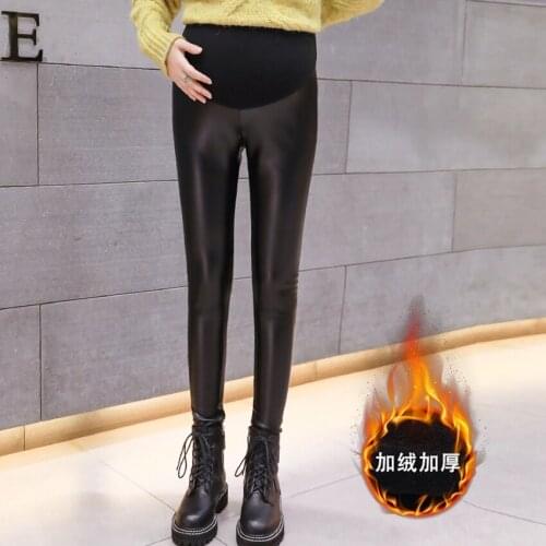 2019 new pregnant women leather pants spring and autumn wear winter clothes pregnant stomach lift plus velvet leggings trousers