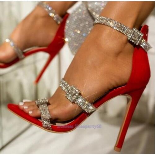 Sexy Red Thin Heeled Rhinestone Transpatent PVC High Heel Sandals Women Ankle Strap Party Dress Shoes Summer Woman