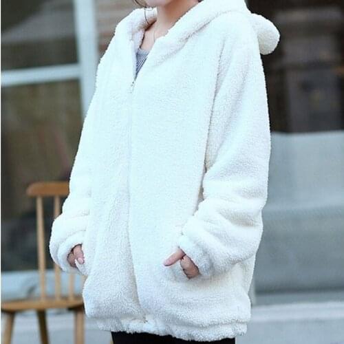 Womens Kawaii Bunny Ear Fuzzy Fluffy Hoodie Solid Color Long Sleeve Zip Up Oversized Plush Hooded Jacket Coats Streetwear