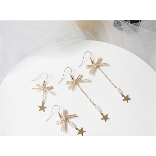 Bowknot earrings sweet maiden stars eardrop bowknot long tassel ear clip B1085