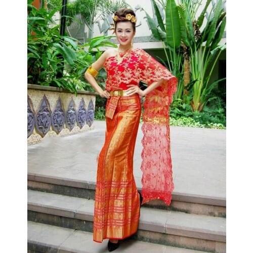 Thailand Traditional Clothing for Women Wedding Dress Tops Sleeveless Red One Shoulder with Shawl Waistband Thai Costume