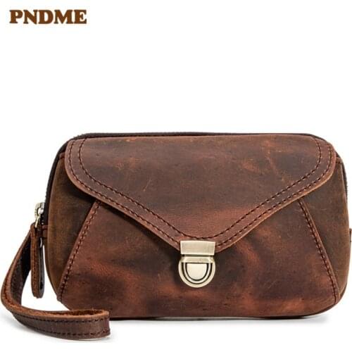 Vintage crazy horse cowhide mens clutch bag casual natural genuine leather womens lock credit card holder phone coin purse