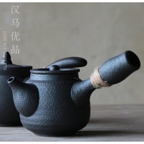 Japanese side pot crude pottery teapot kung fu tea set single ancient pot ceramic black tea kettle Chinese teaware