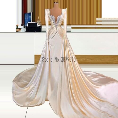 Pearls Long Sleeve Mermaid Evening Dresses Sexy V Neck Ruched Court Train Satin Evening Gowns Custom Made Formal Dress