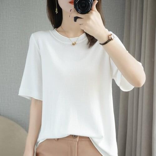 T-shirt women 2021 pure cotton ladies tops oversized casual round neck knit pullover short sleeves plus size solid color tees