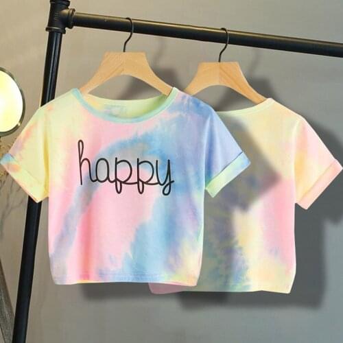 2021 T Shirts Woman Tops Casual Girls Happy Letter Printed Short crop top women harajuku Children 2021 Summer Short Sleeve Tees