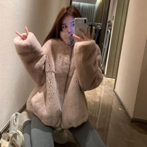 Women 2021 Autumn Winter New Imitation Rex Rabbit Fur Coats Female Loose Stand Collar Outwear Ladies Zipper Faux Fur Jacket Q570