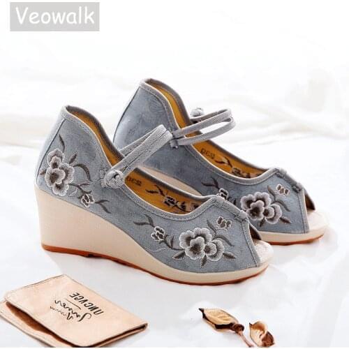 Veowalk Women Jacquard Embroidered Peep Toe Wedge Sandals 6.5cm Platform Instep Strap Ladies Comfort Summer Canvas Costume Shoes