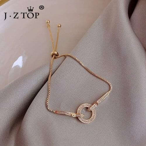 Women Luxury Shiny CZ Zircon Bracelet Adjustable Chain Round Circle Charm Bracelets Bangles Femme Jewelry