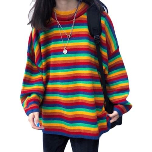 Women Teens Autumn Long Sleeve Knit Sweater Korean Harajuku Rainbow Stripes Patchwork Loose Jumper Hip Hop Pullover Tunic Tops