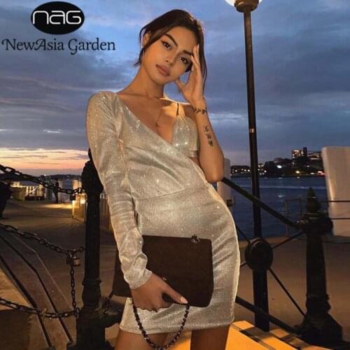 NewAsia 2 Layers Women Glitter Dress Two Piece Summer One Shoulder Chest Hollow Out Sparkle Dresses Woman Party Night Sexy Dress