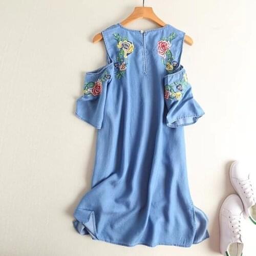 Fashion Embroidery Flower Denim Dress Sweet Hollow Out Side Split O-Neck Jean Dress Female Summer Thin Cotton Mini Dress Cowboy