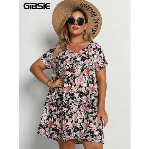 GIBSIE Plus Size V Neck Floral Print Tunic Dress Boho Casual Women Summer Short Sleeve Loose Mini Dresses Large Size xxxl 4xl