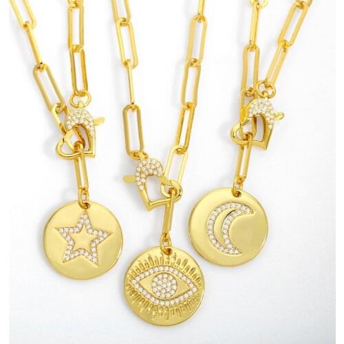 FLOLA Gold Curb Chain Heart Evil Eye Necklace Round Disc Moon Star Pendant Necklace CZ Pave Cubic Zirconia Jewelry Gifts nket15
