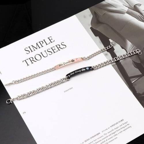 2Pcs Jewely Gift for Lovers His Queen Her King Stainless Steel Couple Bracelets