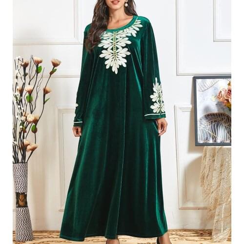 2021Autumn Winter Elegant Muslim Islamic Velvet Party Embroidery Dress Christmas Clothing Ladies Fashion Long Dresses Green 4XL