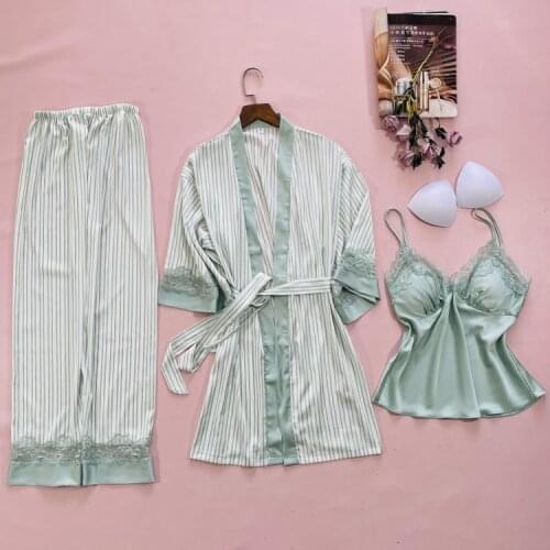 3PCS Womens Satin Nighty Sleepwear Nightgown Sleep Suit Sexy Spring Lace Pajamas Sets Lounge V-Neck Home Wear Pijamas Nightwear