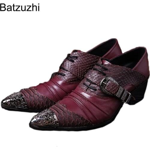 Batzuzhi Fashion Leather Dress Shoes Men Pointed Metal Toe Mans Shoes Hairdresser 6.5cm Heels Formal Leather Shoes for Men