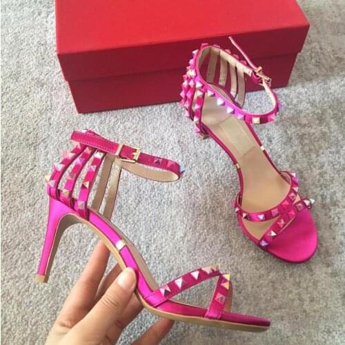 2020 Summer Newest Shoes Women Sexy Women Sandals Silk Genuine Leather Rivet Med Heels And Super High Heels Sandals