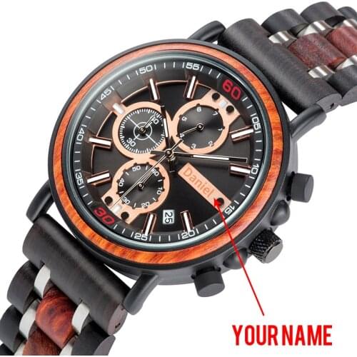 BOBO BIRD Wood Men Watch Engrave Your Name Date Display Wristwatch Birthday Gift For Dad Wood Box Relogio Masculino OEM