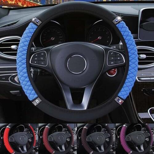 14.5" 15" Universal Steering Wheel Cover Faux Leather with Rhinestones Embroidery Color Elastic Car Styling Interior Accessories