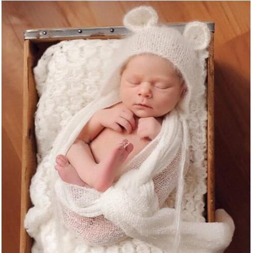 Newborn mohair ear bear bonnet white color 0-3 month newborn hat baby handmade knit soft mohair bonnet newborn photography props
