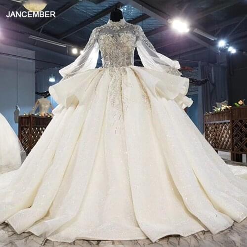 HTL1945 Long Flare Sleeve Luxurious Elegant High Neck Crystal Beading Wedding Dress 2020 Sequined Ball Gowns