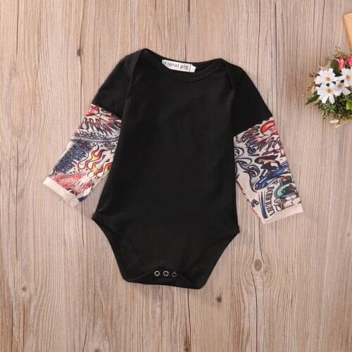 Summer cotton Newborn Baby Boy Bodysuit Clothes Tattoos Print Long Sleeve Bodysuit Jumpsuit Outfits Black Gray Baby Clothing