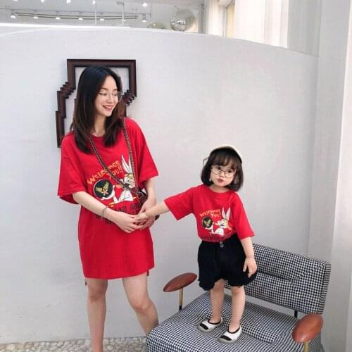 Summer Mommy and me Long T-Shirt 100%Cotton Rabbit Short Sleeve T Shirt Family Matching Outfits Mom Girl Vacation Dress Clothing
