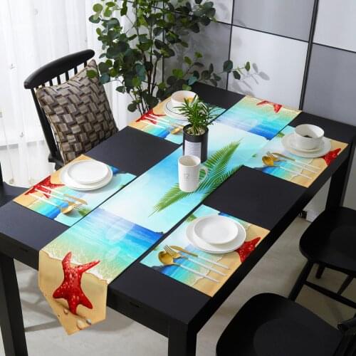 Summer Ocean Beach Starfish Green Plants Table Runner Holiday Kitchen Dining Table Runners Place Mats Set for Home Party Decor
