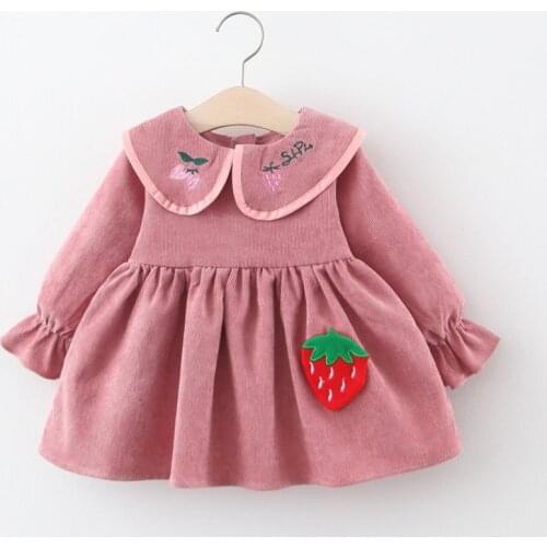 Sweet Outfits Autumn Girls Kids Princess Dress Children Baby Infants Long Sleeve Corduroy Strawberry Dresses Vestidos S12890