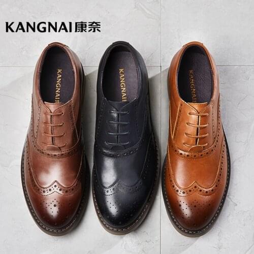 KANGNAI Mens Derby Shoes Business Office Vintage Dress Shoes Lacing Round Toe Genuine Leather Formal Shoes Male