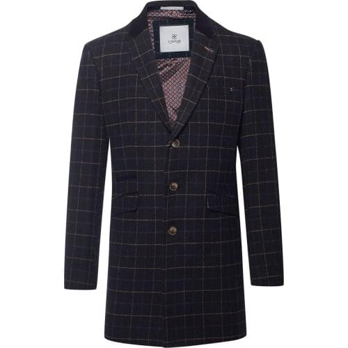 Mens 3/4 Long Check Tweed Navy Blue Overcoat One Piece Suits Peaky Blinders Suit Wool Tweed Jacket Vest Custom Made Costume