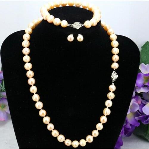 Pink pearl necklace sets flower clasp 8-9mm necklace 18"bracelet 7.5" earring 2pc/lot women jewelry making design gift