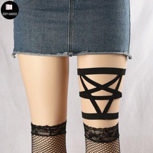 New black leg garter belt rave body pentagram harness Harajuku Gothic wedding garter Handmade bondage sexy lingerie