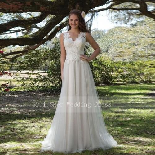 Charming V-Neck A-Line Lace Wedding Dress White/Ivory Illusion Back Tulle Wedding Bridal Gowns Long Dress