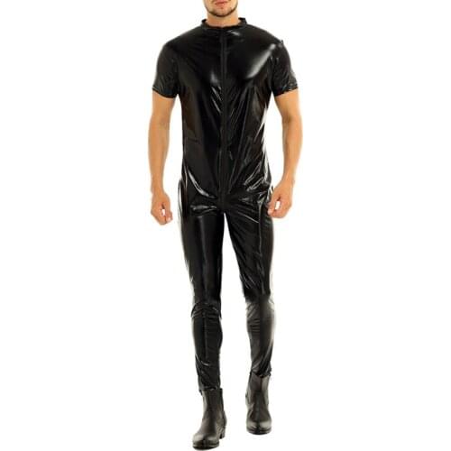 Double Zipper Open Crotch Sexy Short Sleeve Stretchy Leather Jumpsuit Solid Color Men Bodycon Bodysuit Wet Look Gay Club Wear