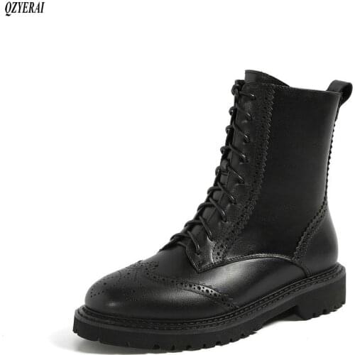 2020 Handmade Genuine Leather Casual Flat Boots Women Warm Shoes Autumn Winter Ankle Boots Female Round Toe Martin Boots