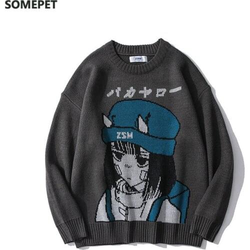 Hip Hop Casual Mens Sweaters Harajuku Oversize Woman Sweaters Pullovers Streetwear Japanese Cartoon Girl Knitted Loose Cotton