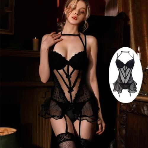 Transparent Tulle Sexy Underwear Vest Fish Bone Corset Halter Skirt Deep V Perspective Ladies Pajamas Womens Erotic Lingerie